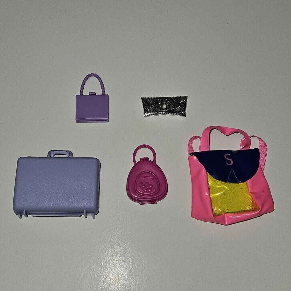 5 Barbie Doll Size Bags Lot Skipper Backpack Suitcase Purse Silver Clutch Mattel